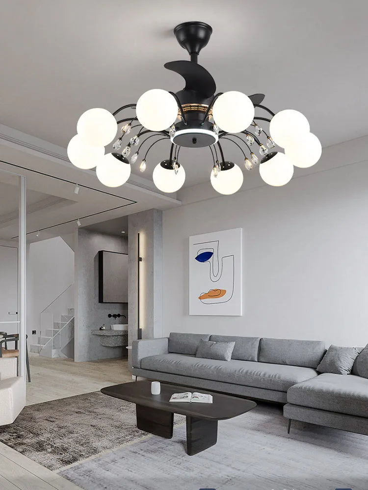 Nordic Living Room Fan Lamp Frequency Conversion Restaurant Ceiling Fan Lamp Invisible Light Luxury Cystal Fan Chanderliers
