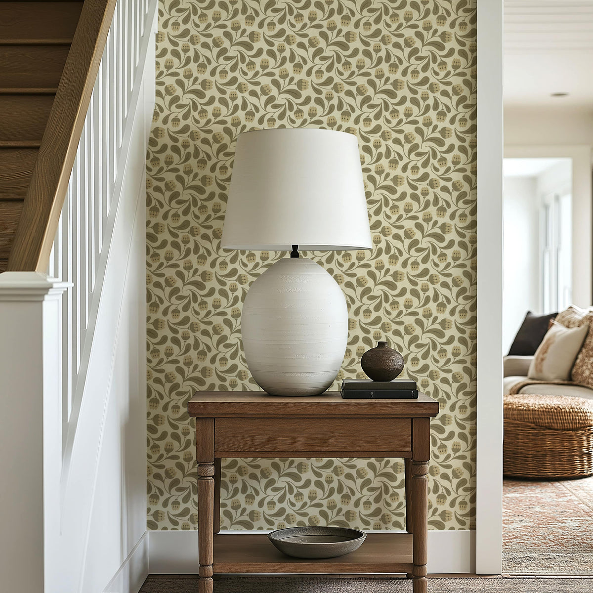 Whimsical Bloom Wallpaper - Soft Green & Cream Floral