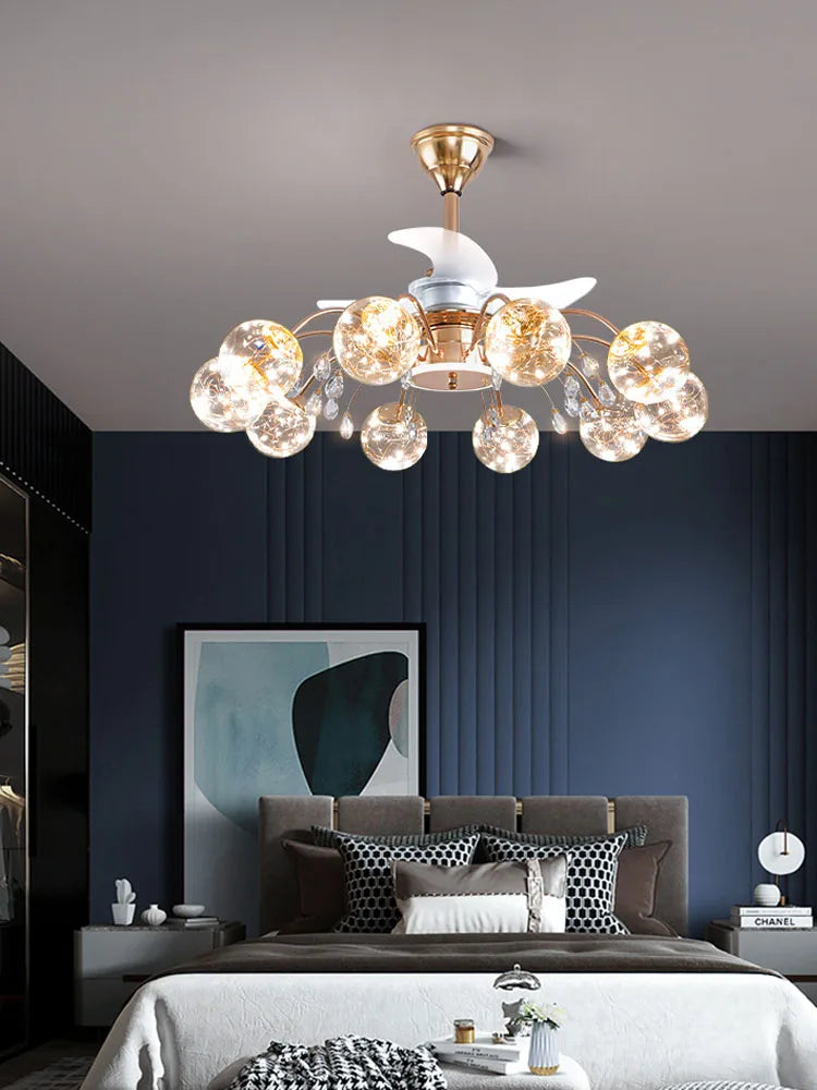 Nordic Living Room Fan Lamp Frequency Conversion Restaurant Ceiling Fan Lamp Invisible Light Luxury Cystal Fan Chanderliers