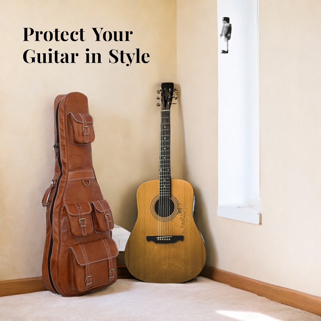 Acoustic guitar leaning against a wall next to a brown guitar case with text 'Protect Your Guitar in Style'.