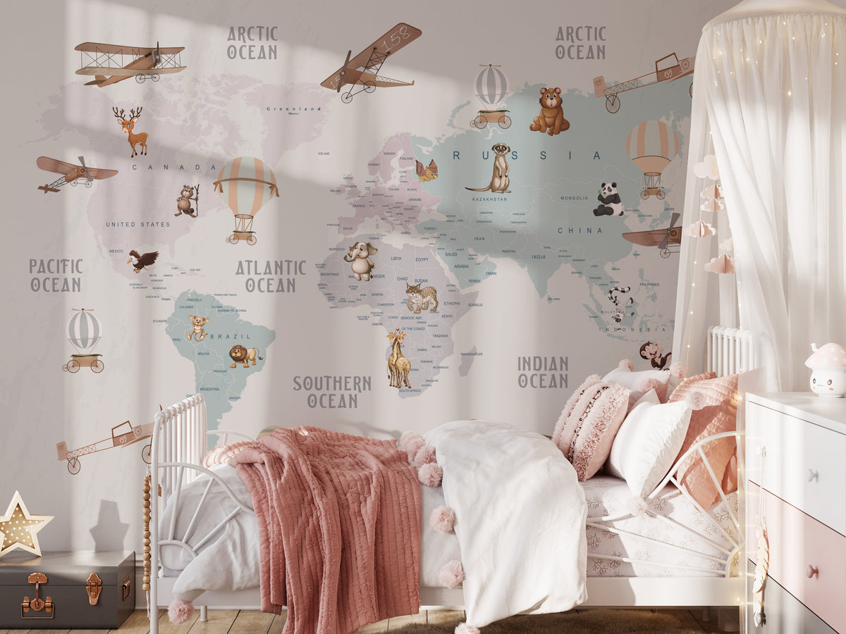 World Map Wallpaper for Kids - Peel and Stick Wall Mural