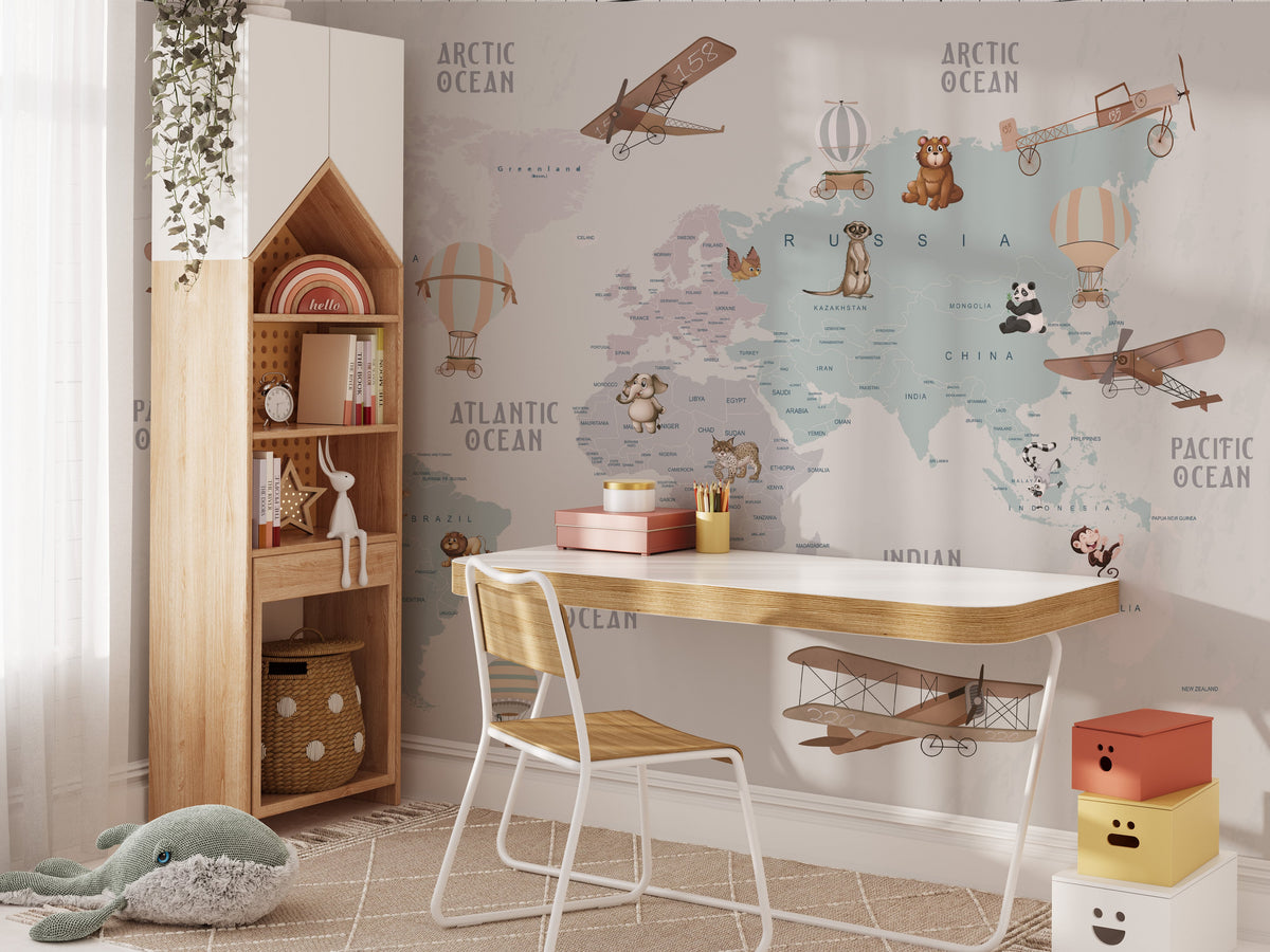 World Map Wallpaper for Kids - Peel and Stick Wall Mural