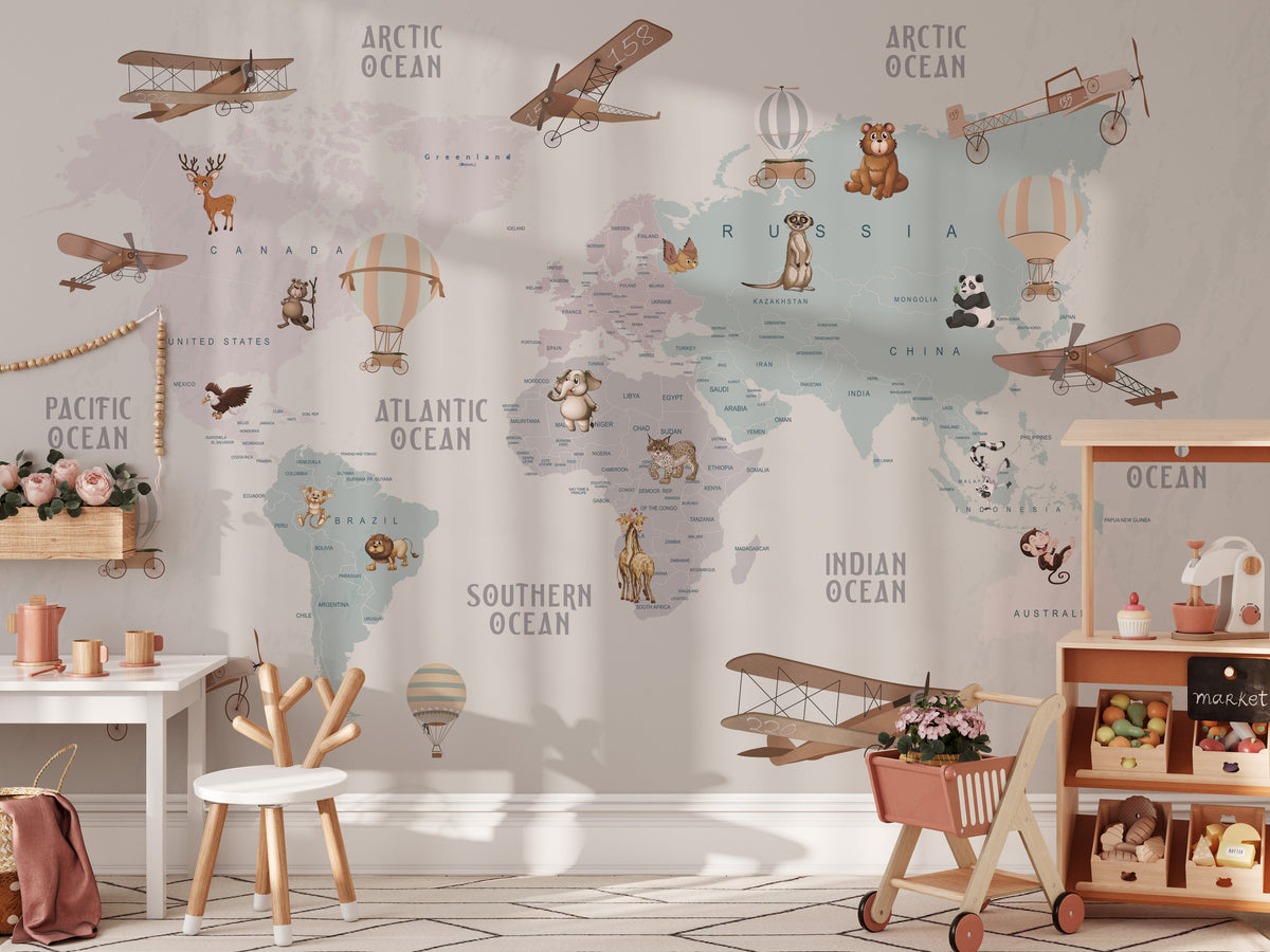World Map Wallpaper for Kids - Peel and Stick Wall Mural