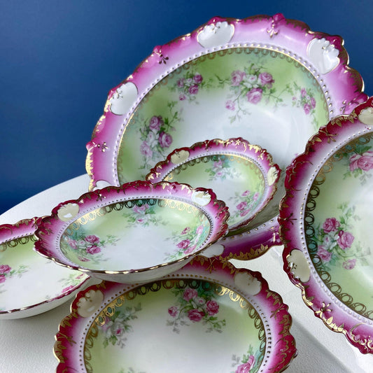 Antique Austrian Hand Painted Porcelain Serving Bowl with Matching Salad Dessert Bowls. Rose Motif Ornate Scalloped Edge. Dining Room Decor.