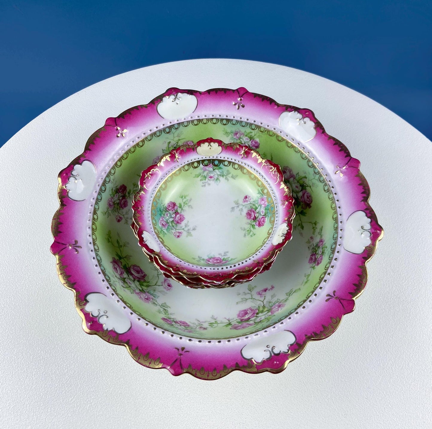 Antique Austrian Hand Painted Porcelain Serving Bowl with Matching Salad Dessert Bowls. Rose Motif Ornate Scalloped Edge. Dining Room Decor.