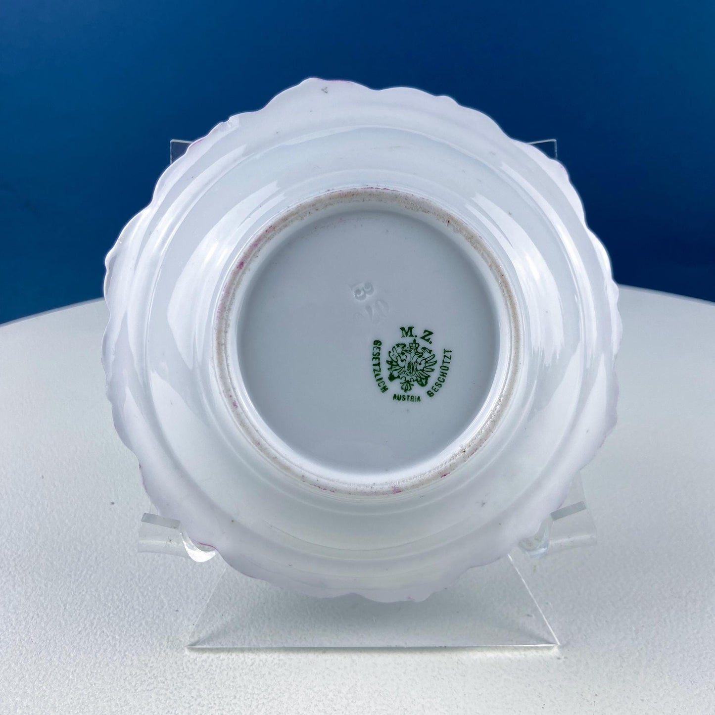 Antique Austrian Hand Painted Porcelain Serving Bowl with Matching Salad Dessert Bowls. Rose Motif Ornate Scalloped Edge. Dining Room Decor.