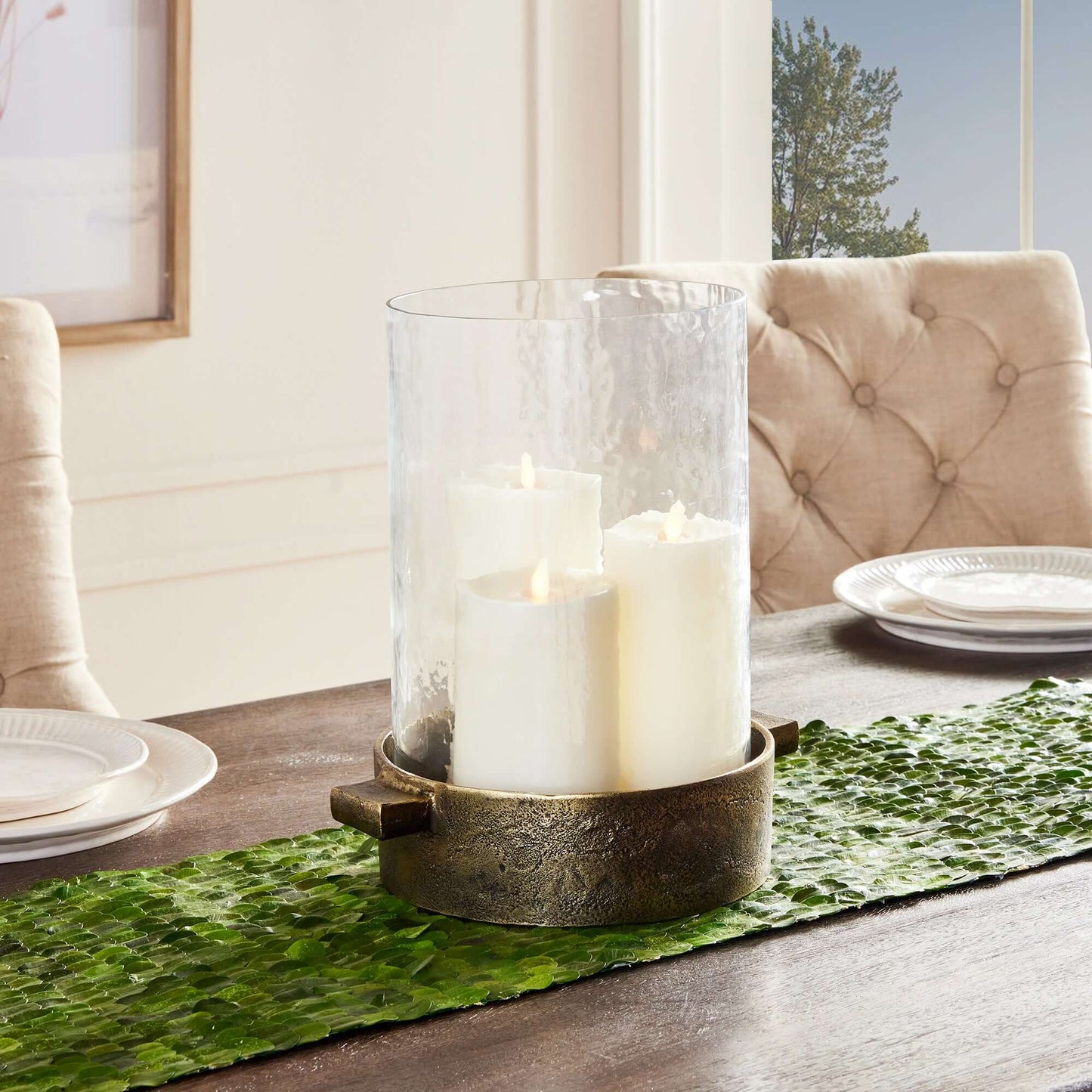 Antique Brass Hurricane Candle Holder with Hammered Glass