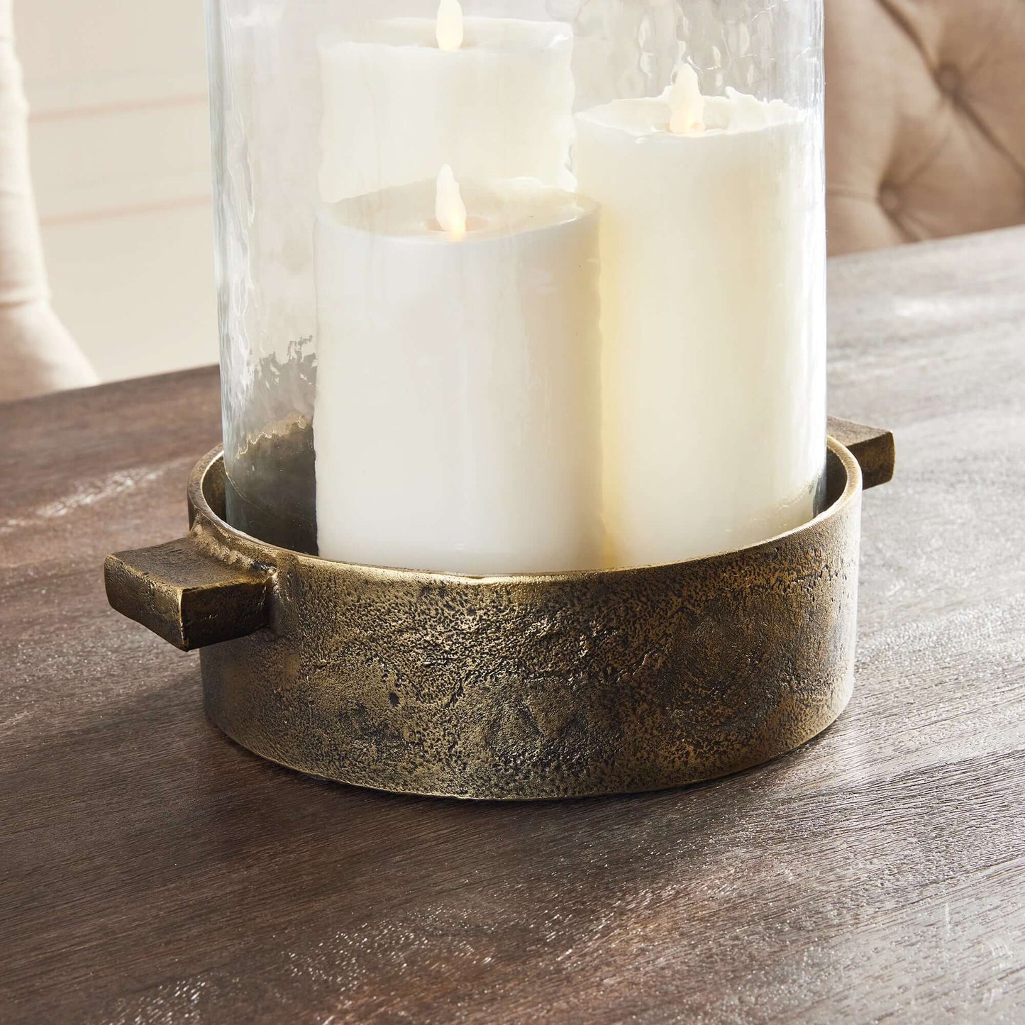 Antique Brass Hurricane Candle Holder with Hammered Glass