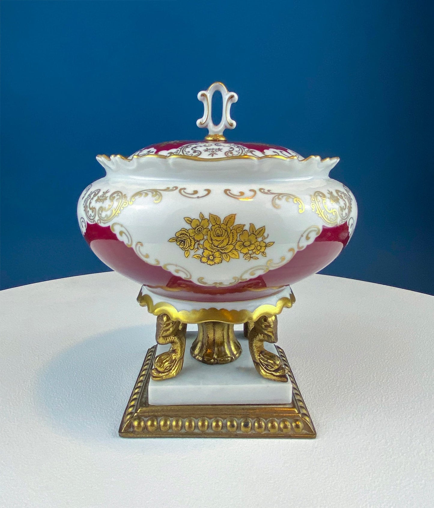 Antique Porcelain Burgundy & Gold Footed Bowl with Marble Base. Hand Painted Roses Storage Dish with Dolphin Feet. Ornate Marble Base.