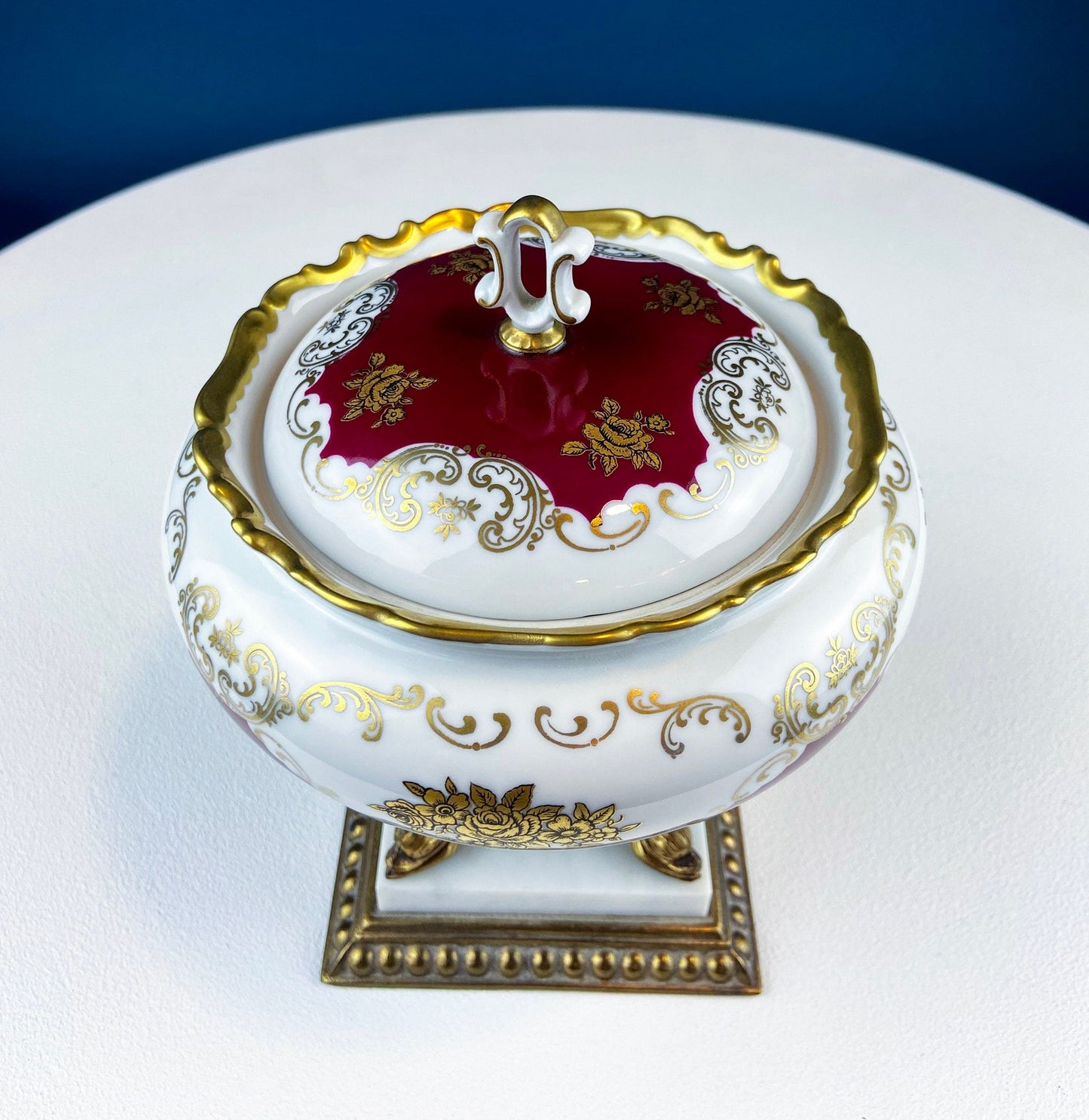 Antique Porcelain Burgundy & Gold Footed Bowl with Marble Base. Hand Painted Roses Storage Dish with Dolphin Feet. Ornate Marble Base.