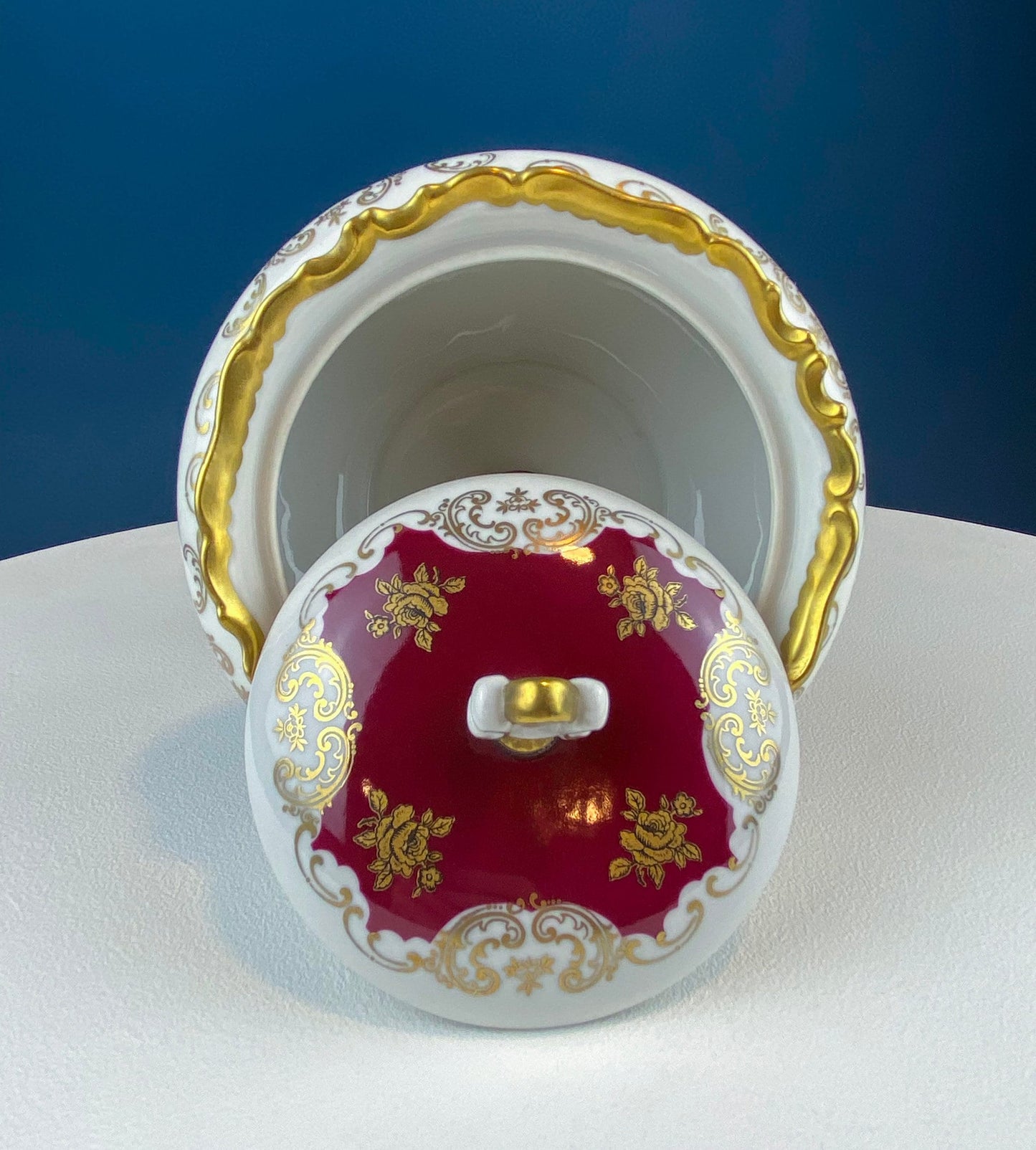 Antique Porcelain Burgundy & Gold Footed Bowl with Marble Base. Hand Painted Roses Storage Dish with Dolphin Feet. Ornate Marble Base.