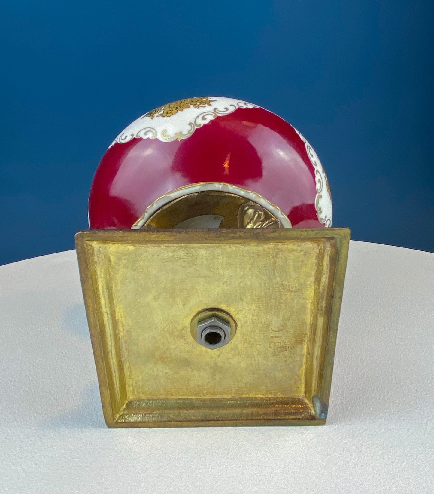 Antique Porcelain Burgundy & Gold Footed Bowl with Marble Base. Hand Painted Roses Storage Dish with Dolphin Feet. Ornate Marble Base.