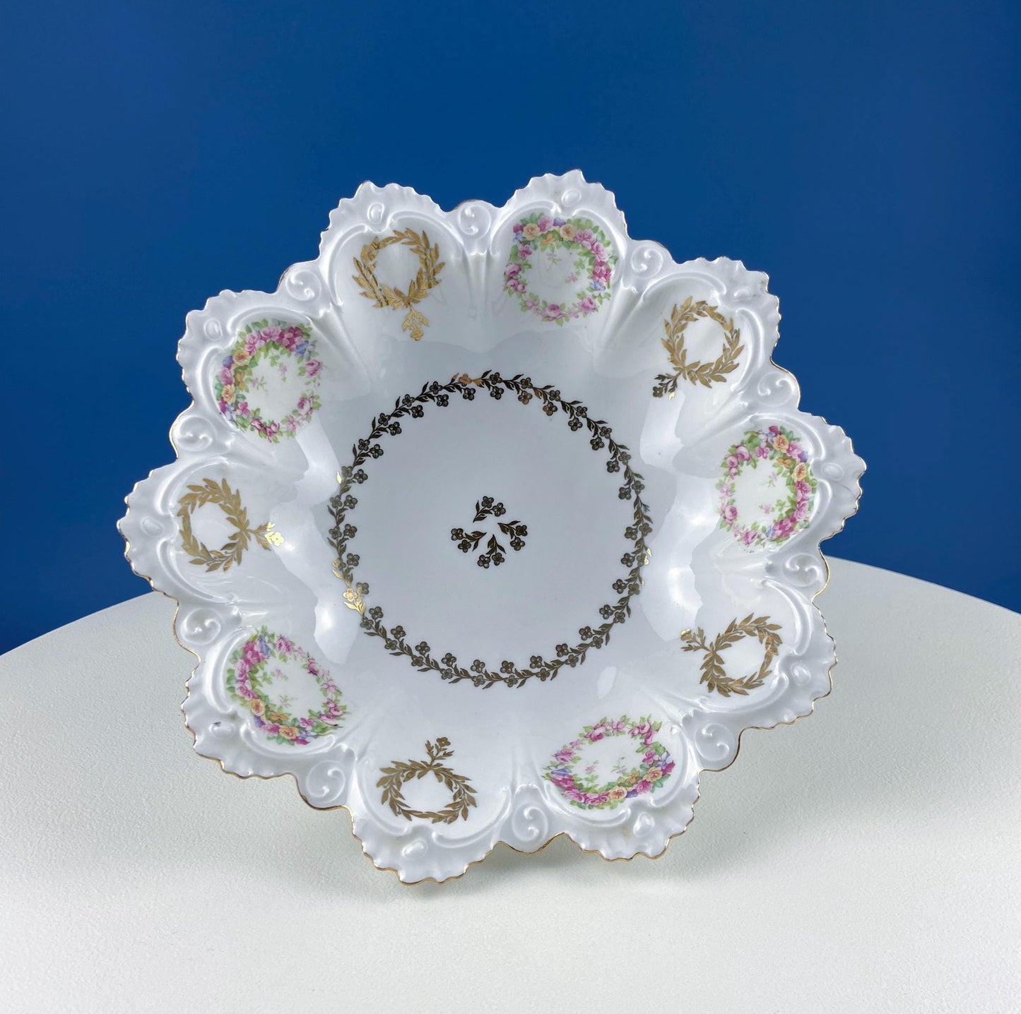 Antique Porcelain Serving Bowl with Scalloped Brim. Gold Laurel Leaf Motif & Rose Garlands. Fine Austrian Porcelain. Kitchen Table Decor.