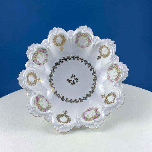 Antique Porcelain Serving Bowl with Scalloped Brim. Gold Laurel Leaf Motif & Rose Garlands. Fine Austrian Porcelain. Kitchen Table Decor.