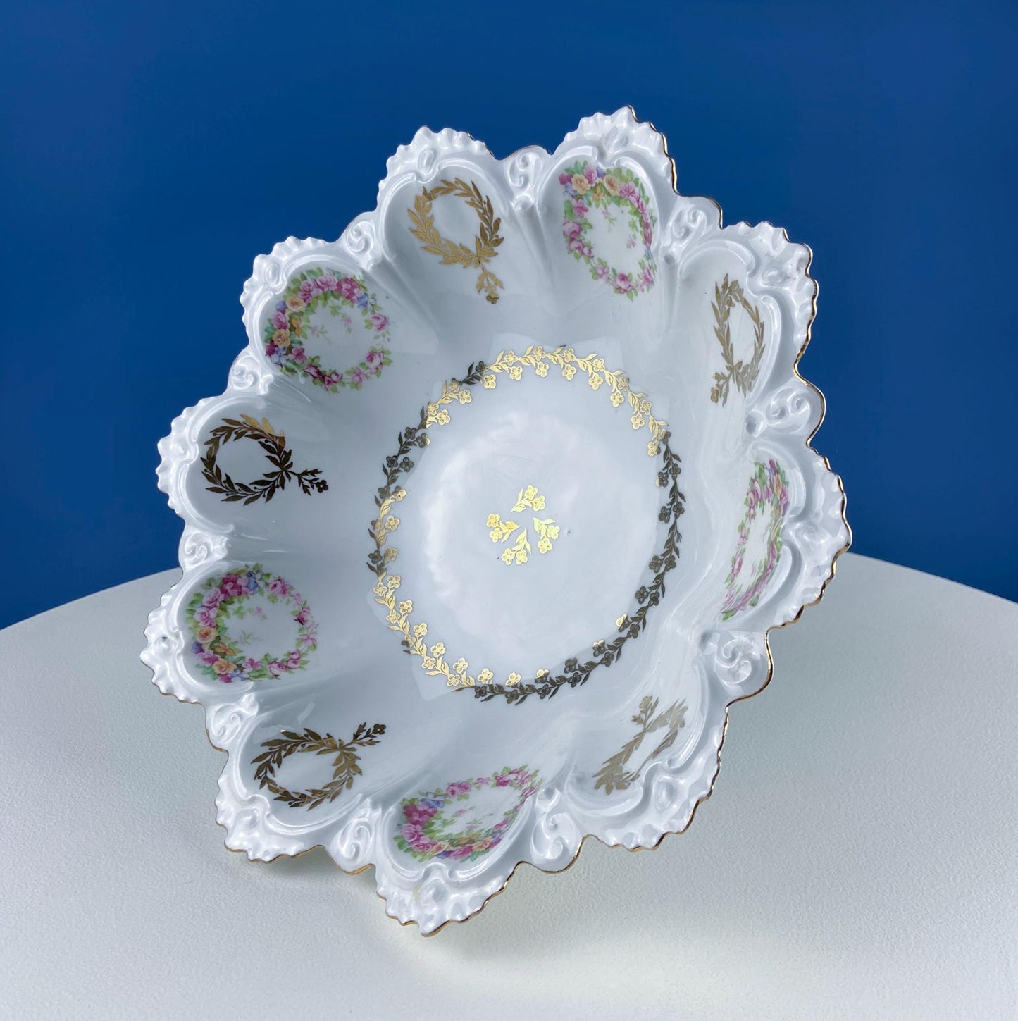 Antique Porcelain Serving Bowl with Scalloped Brim. Gold Laurel Leaf Motif & Rose Garlands. Fine Austrian Porcelain. Kitchen Table Decor.