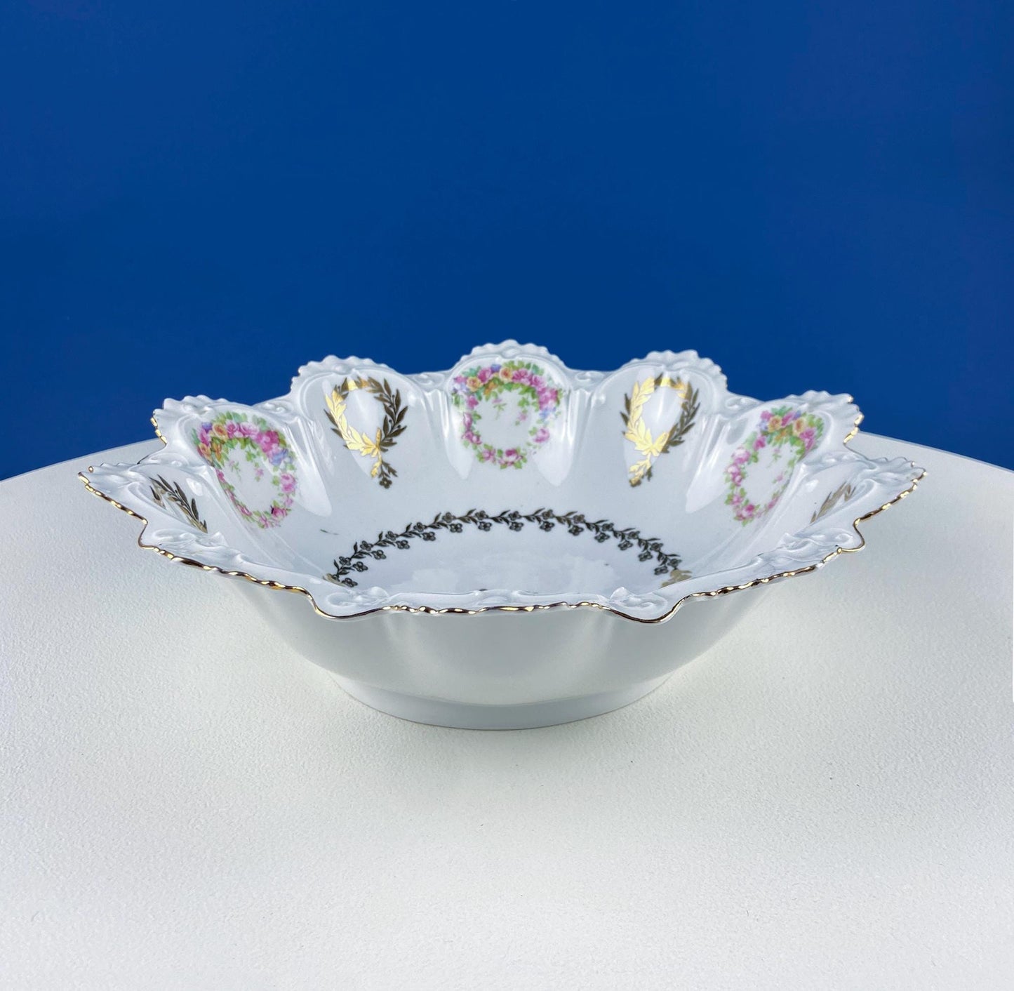 Antique Porcelain Serving Bowl with Scalloped Brim. Gold Laurel Leaf Motif & Rose Garlands. Fine Austrian Porcelain. Kitchen Table Decor.