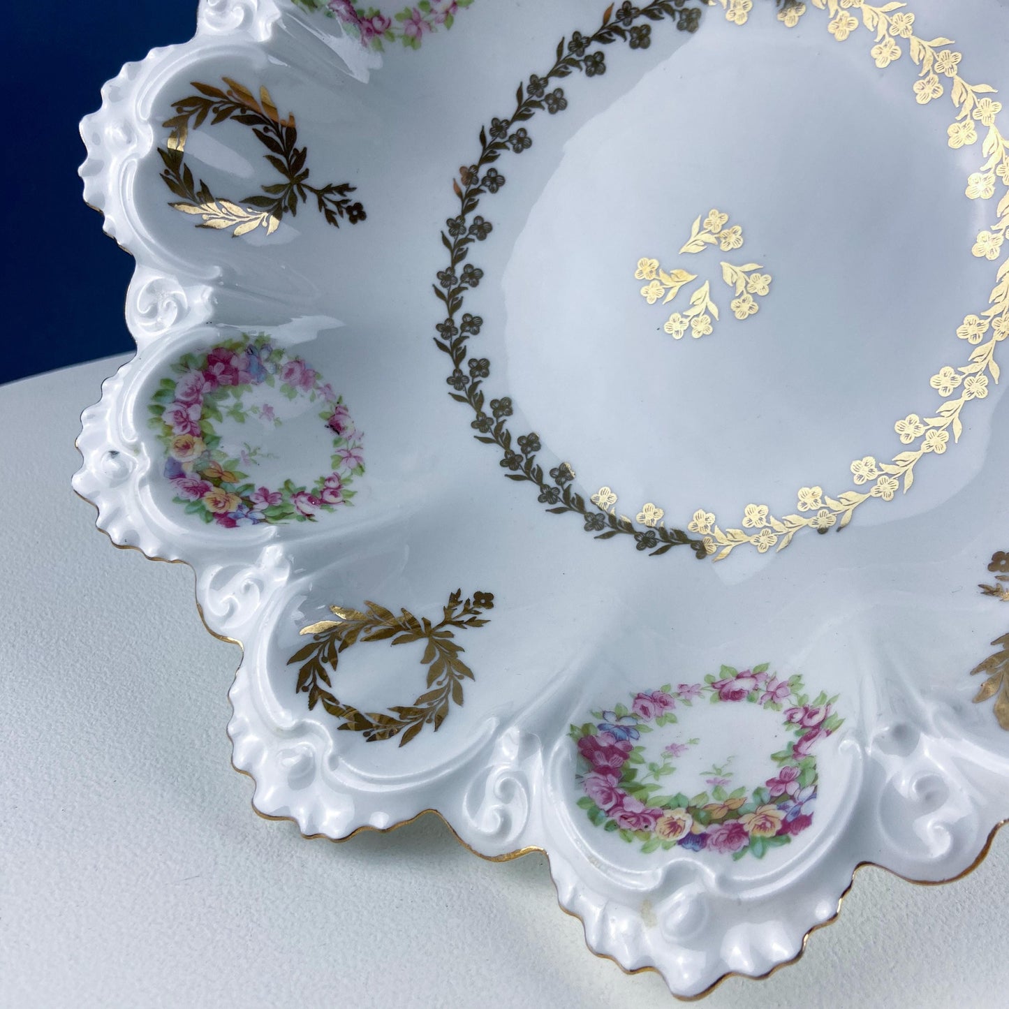 Antique Porcelain Serving Bowl with Scalloped Brim. Gold Laurel Leaf Motif & Rose Garlands. Fine Austrian Porcelain. Kitchen Table Decor.