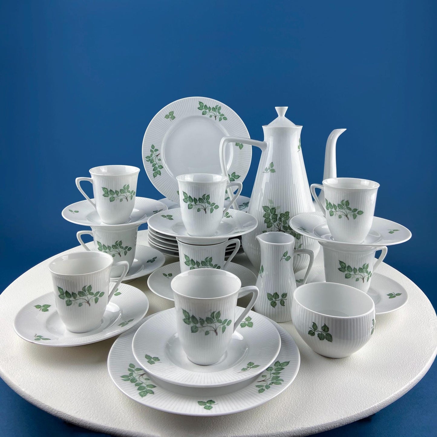 Rorstrand Rodos Espresso Dessert Modern Dish Set. 1900's Swedish Coffee Breakfast Set for 11. Leaf Motif. Dining Tea Room Table Decor.