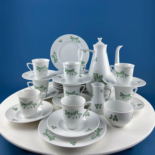 Rorstrand Rodos Espresso Dessert Modern Dish Set. 1900's Swedish Coffee Breakfast Set for 11. Leaf Motif. Dining Tea Room Table Decor.
