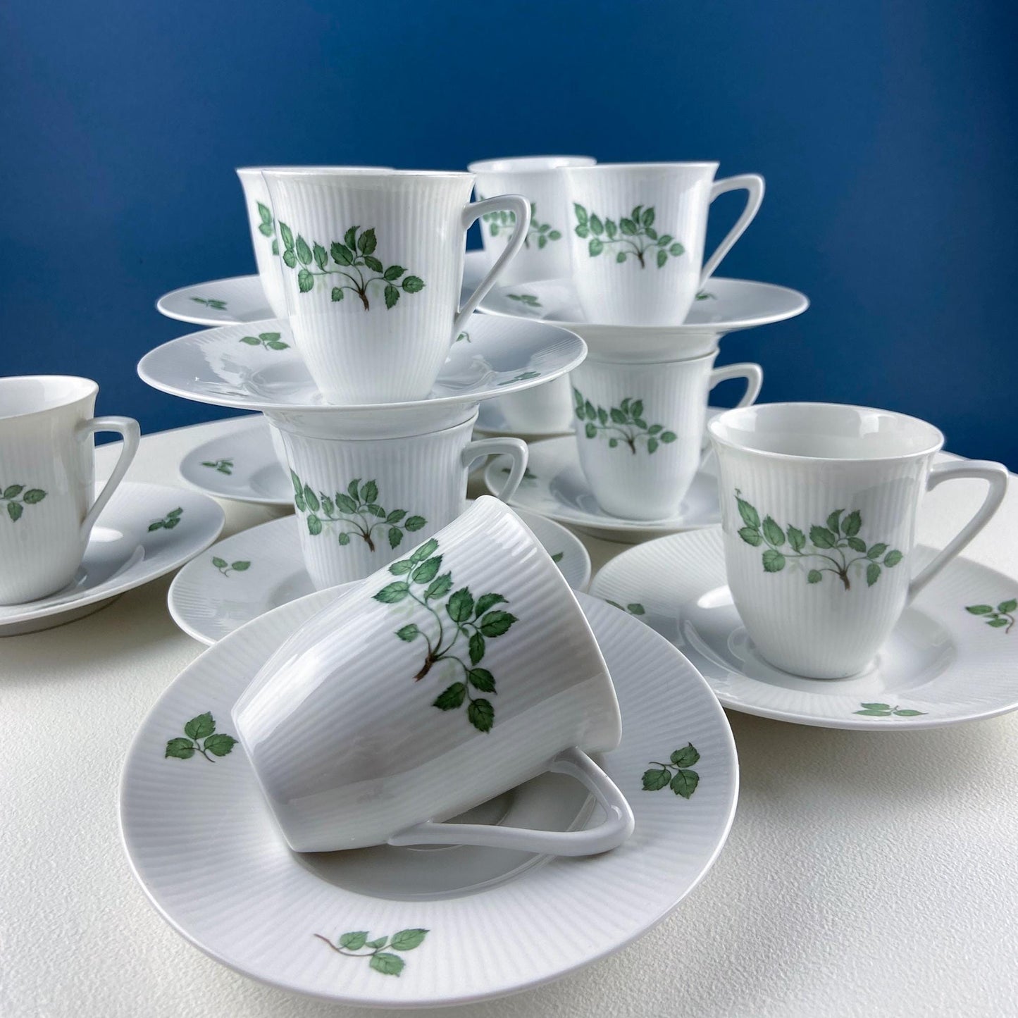 Rorstrand Rodos Espresso Dessert Modern Dish Set. 1900's Swedish Coffee Breakfast Set for 11. Leaf Motif. Dining Tea Room Table Decor.