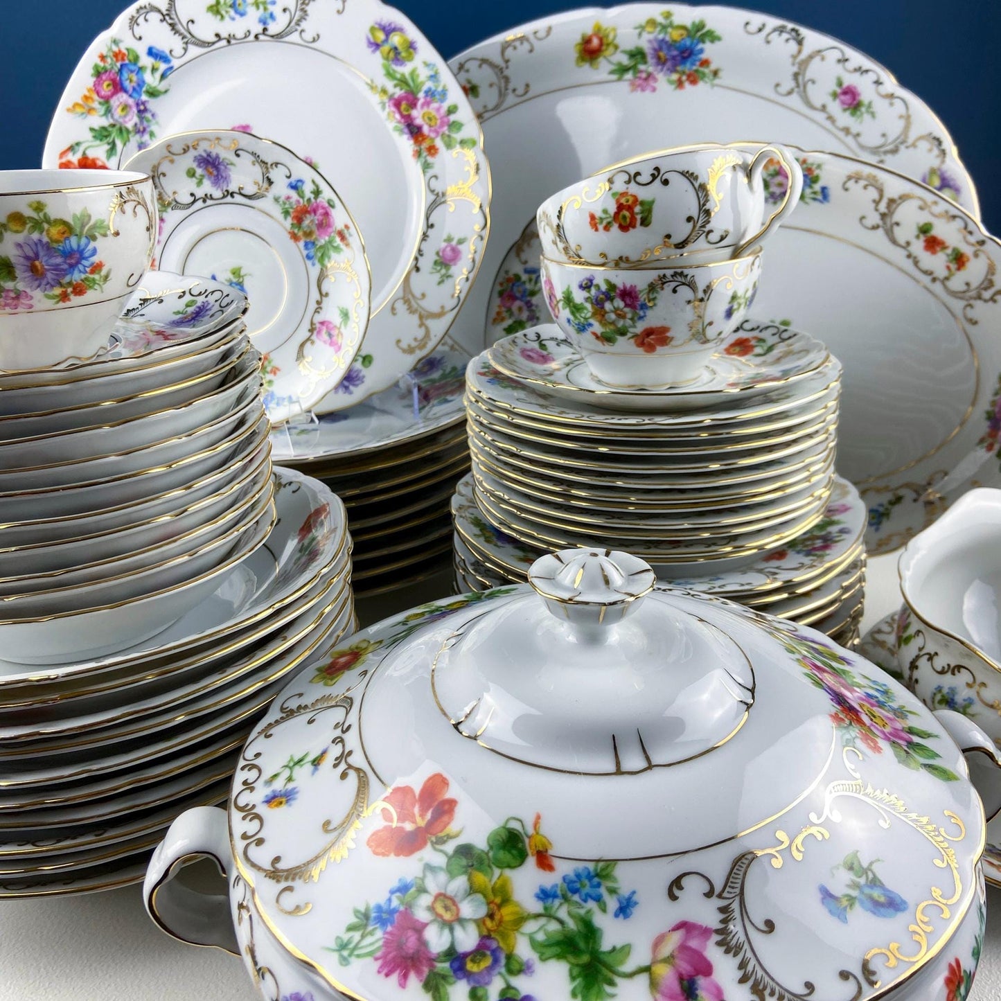 Antique Victoria Czechoslovakia 56 Piece Dish Set. Floral Motif. French Country Living. Dining Room Table Decor. Gift for Him Her.