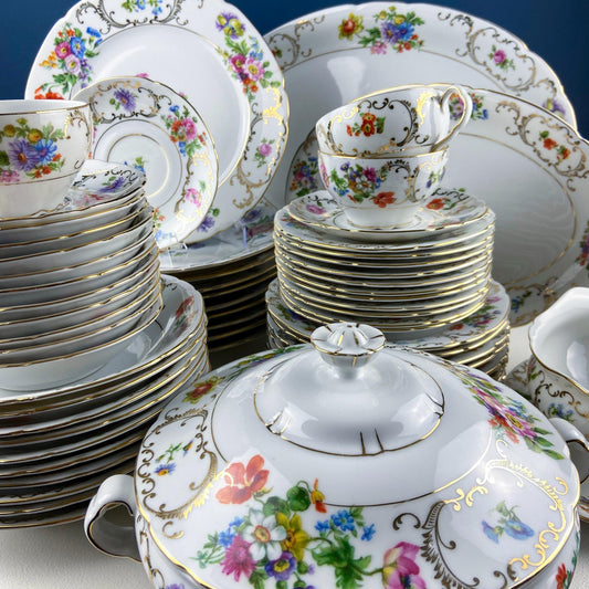 Antique Victoria Czechoslovakia 56 Piece Dish Set. Floral Motif. French Country Living. Dining Room Table Decor. Gift for Him Her.