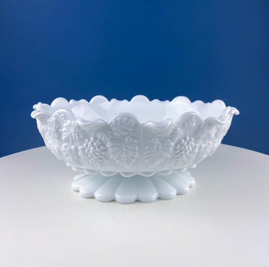 Antique Westmoreland Milk Glass Bowl with Embossed Grapes & Vines Motif and Scalloped Edge. White Oval Serving Dish. Table Kitchen Decor.
