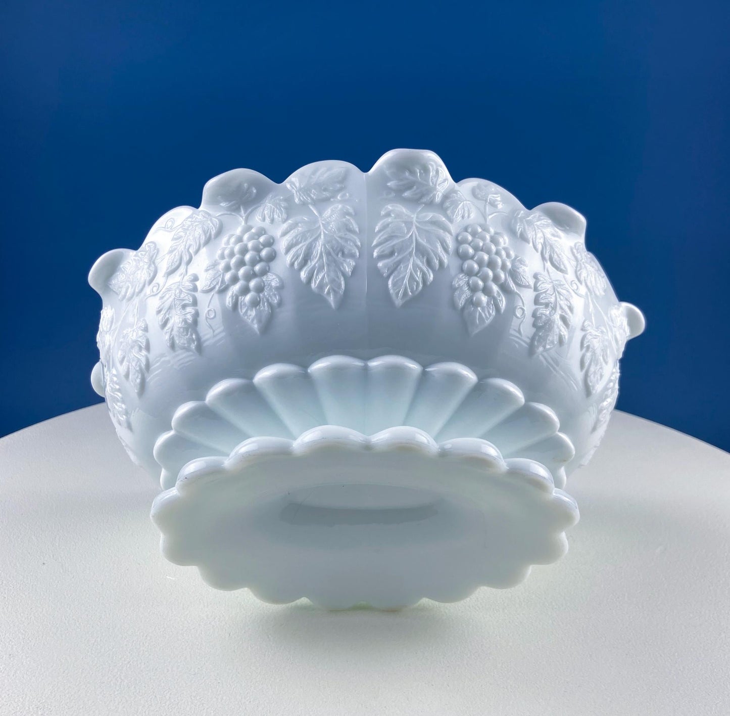 Antique Westmoreland Milk Glass Bowl with Embossed Grapes & Vines Motif and Scalloped Edge. White Oval Serving Dish. Table Kitchen Decor.