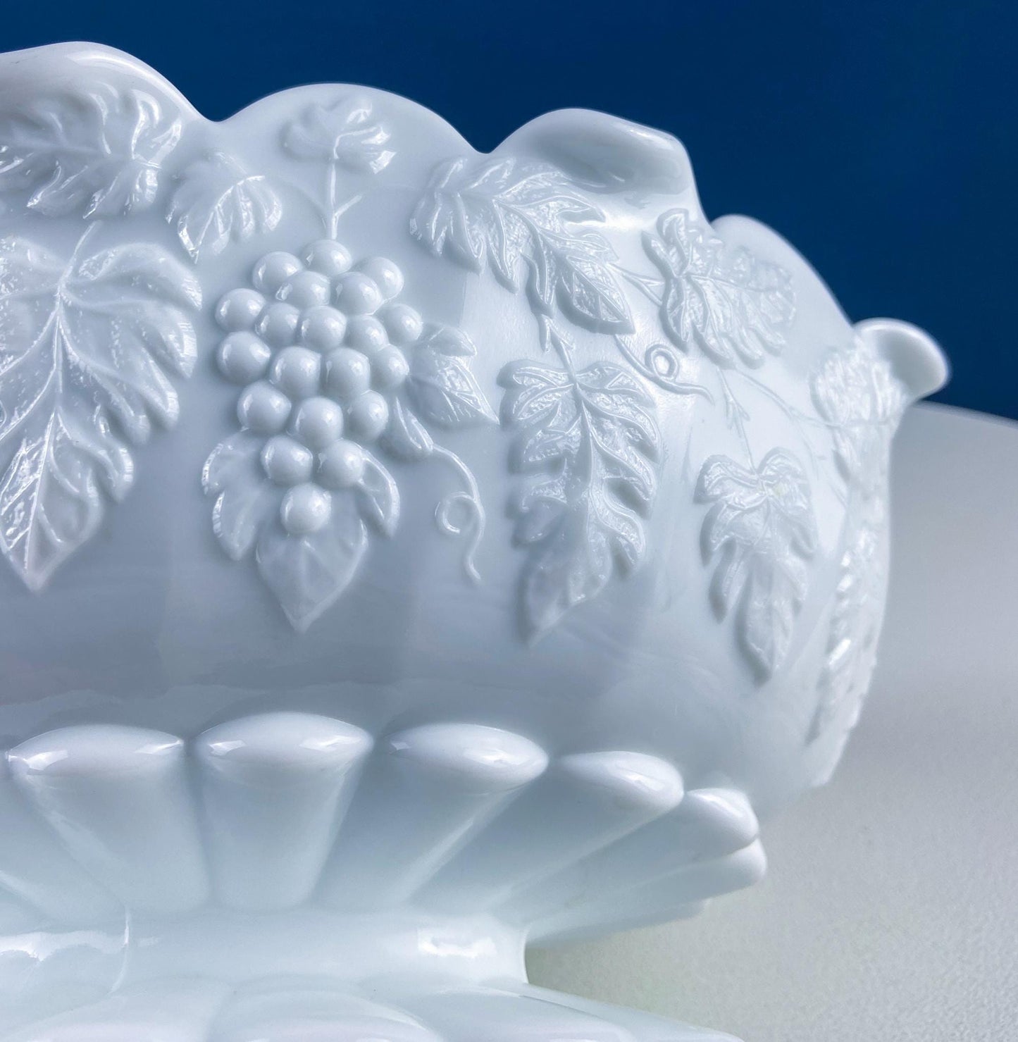 Antique Westmoreland Milk Glass Bowl with Embossed Grapes & Vines Motif and Scalloped Edge. White Oval Serving Dish. Table Kitchen Decor.