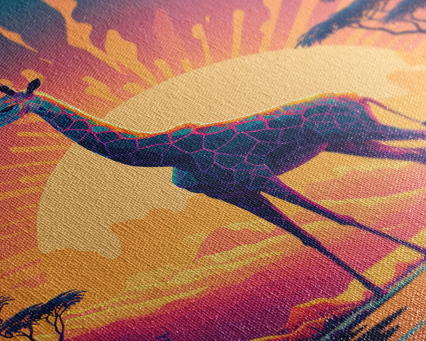 Retro Style Pop Art Giraffe Art, Synthwave Line Art, Framed Canvas Print, 80s Style Art, Outrun Style Animal Prints