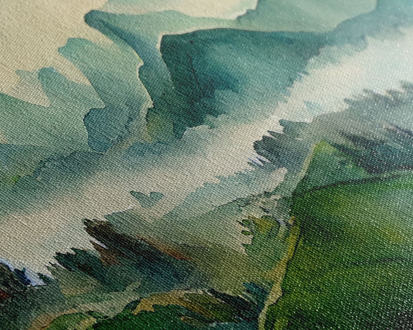 Green Blue Foggy Mountain Valley Watercolor Canvas Art Print, Panoramic Misty Rolling Hills Landscape, Extra Large Panorama Print