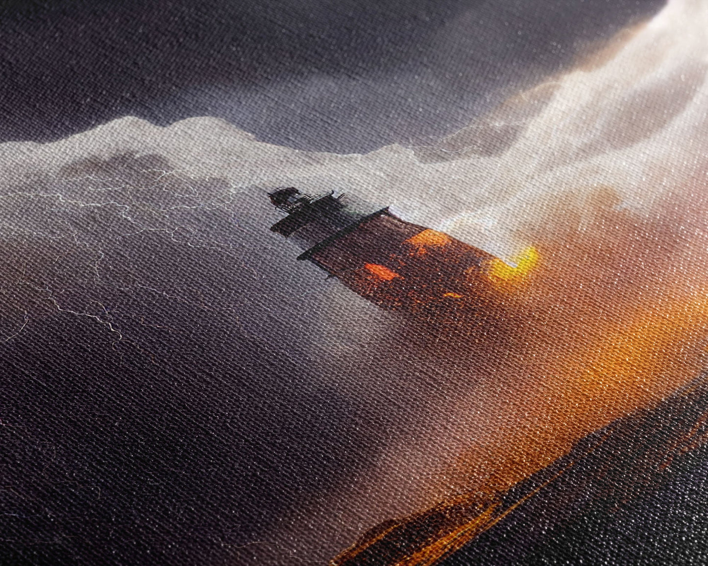 Lightning striking a burning lighthouse, canvas print, oil painting style, dark and gloomy wall art