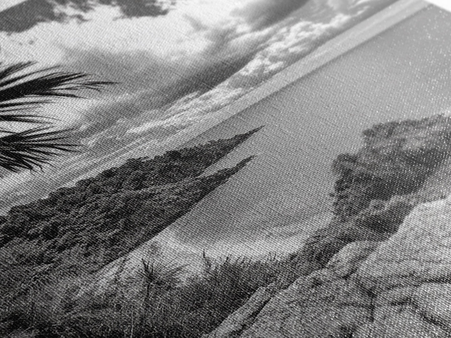 Island View Cliffs, Tropical Shoreline, Black and White Seascape, Framed Canvas Print, Bathroom Art, Travel Decor, Coastal Vibe