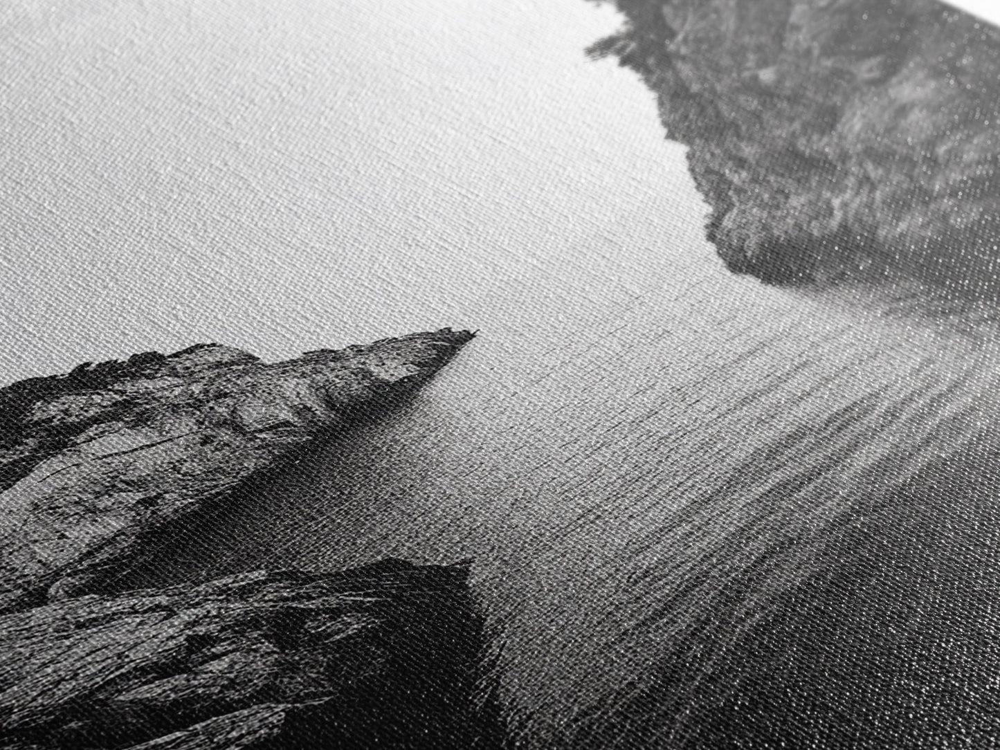 Cliffs, Ocean, Channel, Serenity - Dramatic rocky inlet view, Framed Canvas Print, ideal bathroom or hallway wall art, nature lover minimalist