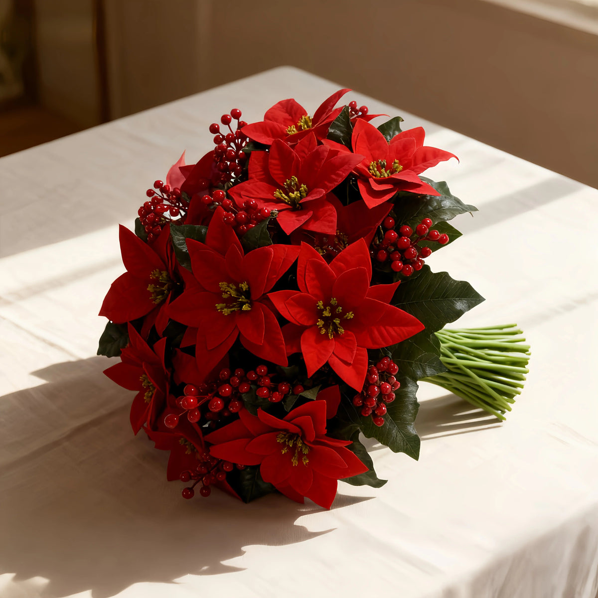 Artificial Poinsettia Flower Bundle - Red 12pc Christmas Wreath with Foliage