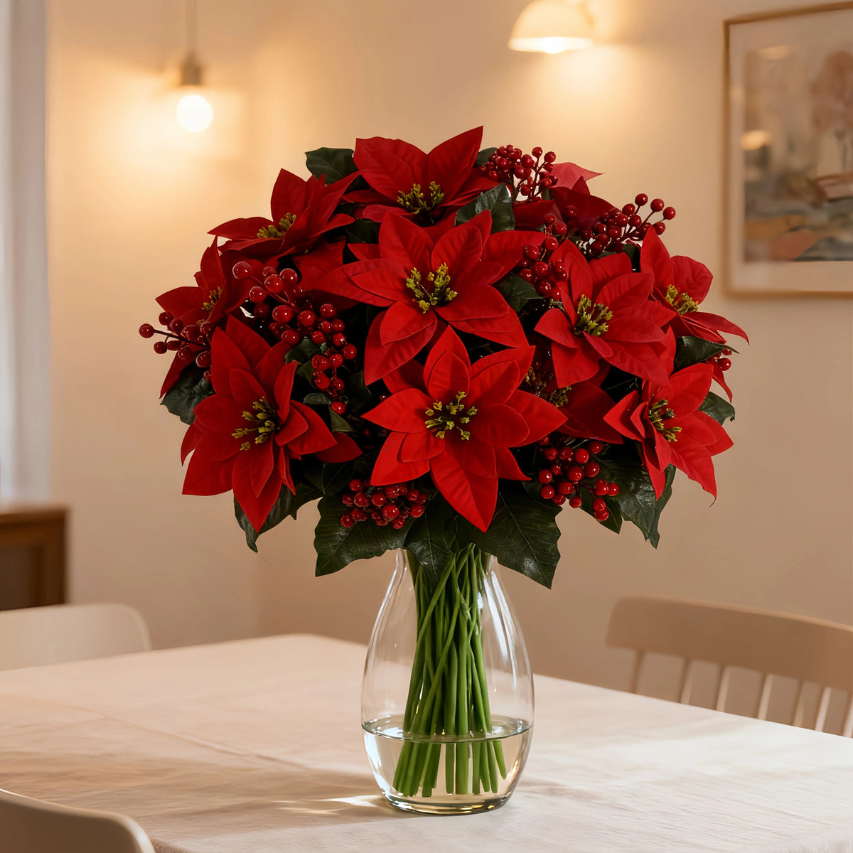 Artificial Poinsettia Flower Bundle - Red 12pc Christmas Wreath with Foliage
