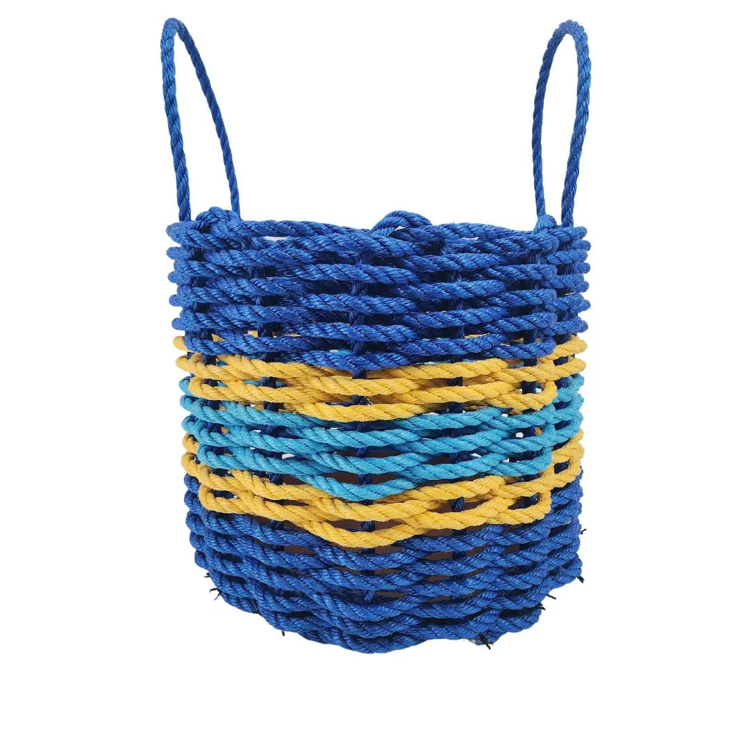 Authentic Maine Lobster Rope Storage Basket Two Tone Blue with yellow Accents