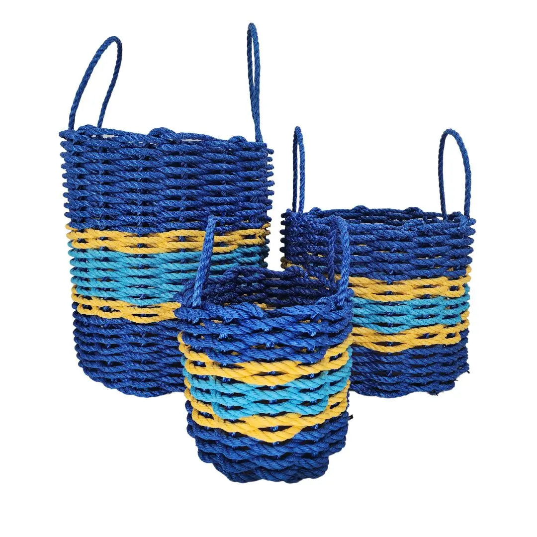Authentic Maine Lobster Rope Storage Basket Two Tone Blue with yellow Accents