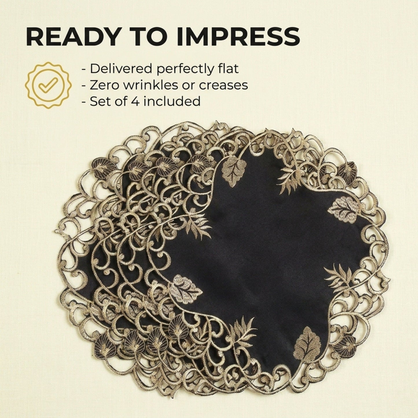 Black Gold Table Doilies – 15 Inch Embroidered Rustic Table Decor for Indoor Outdoor
