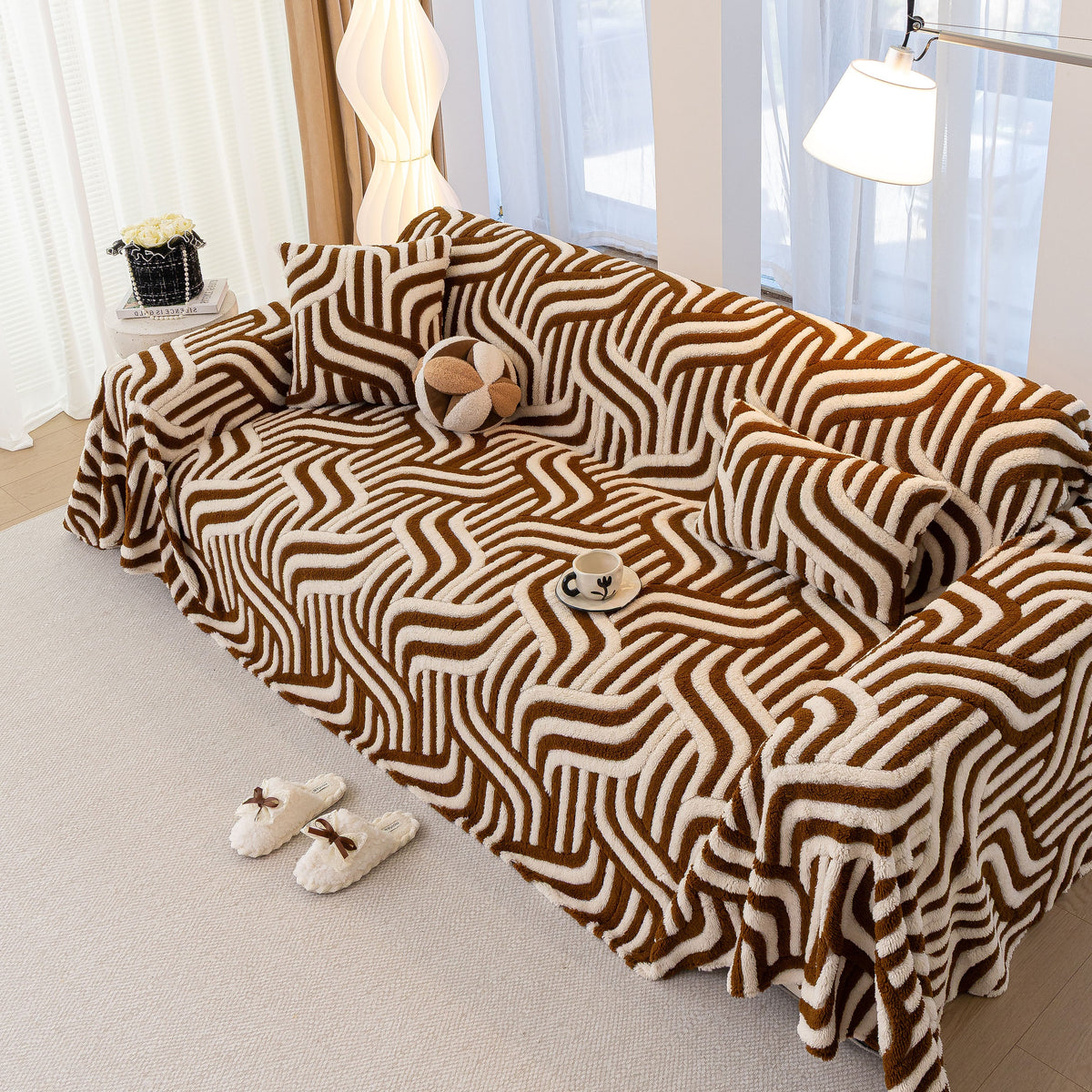 Plush Sherpa Sofa Throw Cover for Sectional, Jacquard Wave Throw Furniture Protector