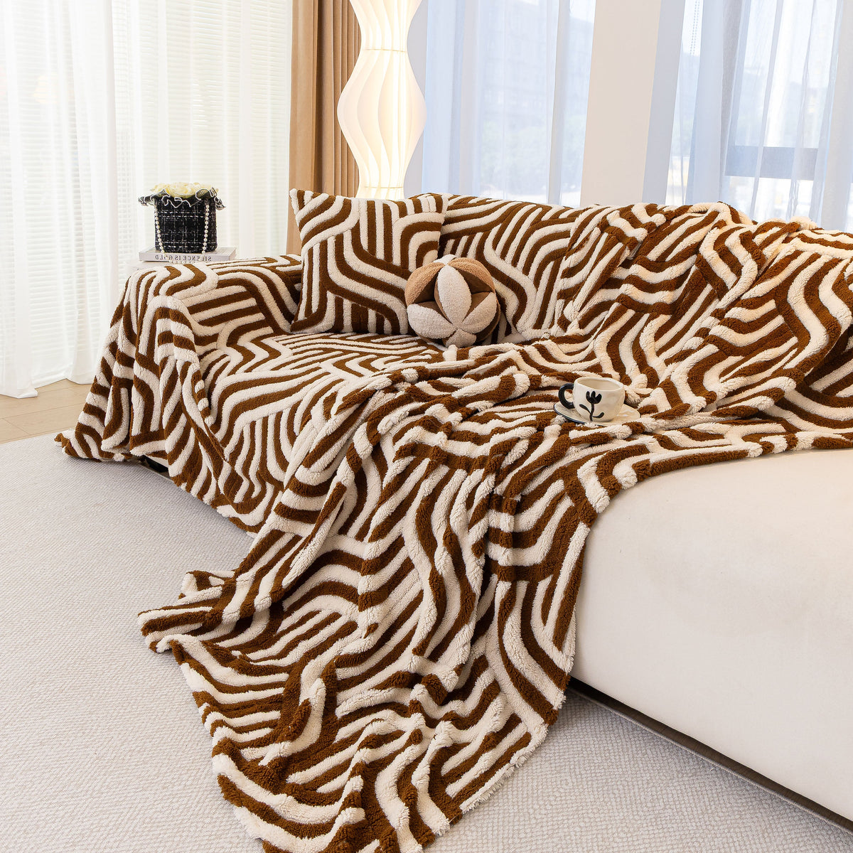 Plush Sherpa Sofa Throw Cover for Sectional, Jacquard Wave Throw Furniture Protector