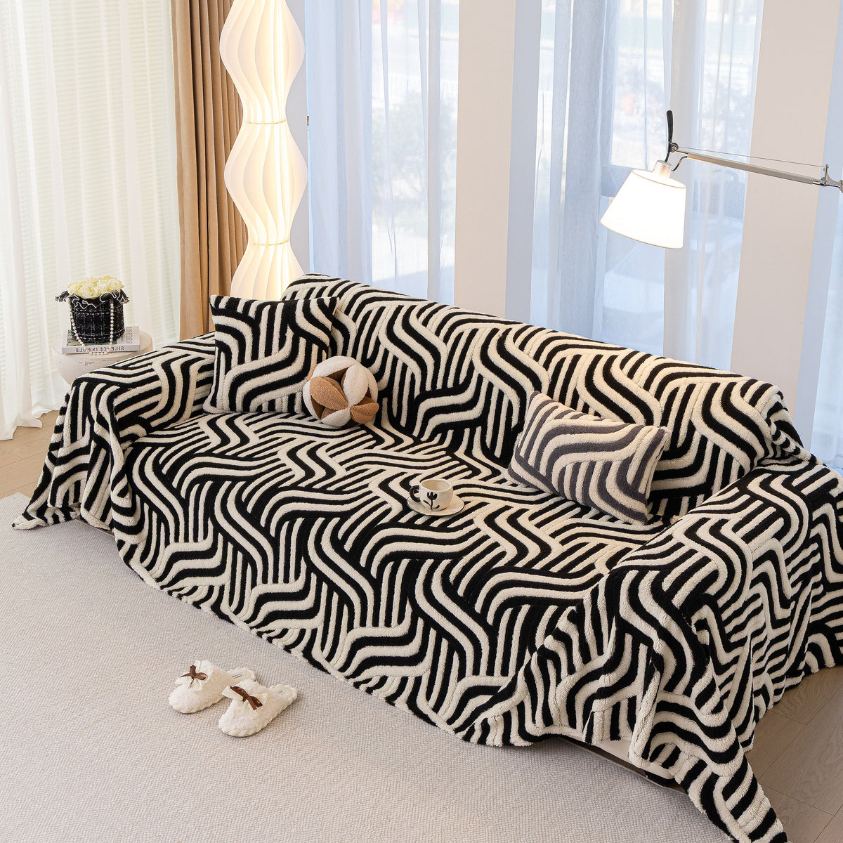 Plush Sherpa Sofa Throw Cover for Sectional, Jacquard Wave Throw Furniture Protector