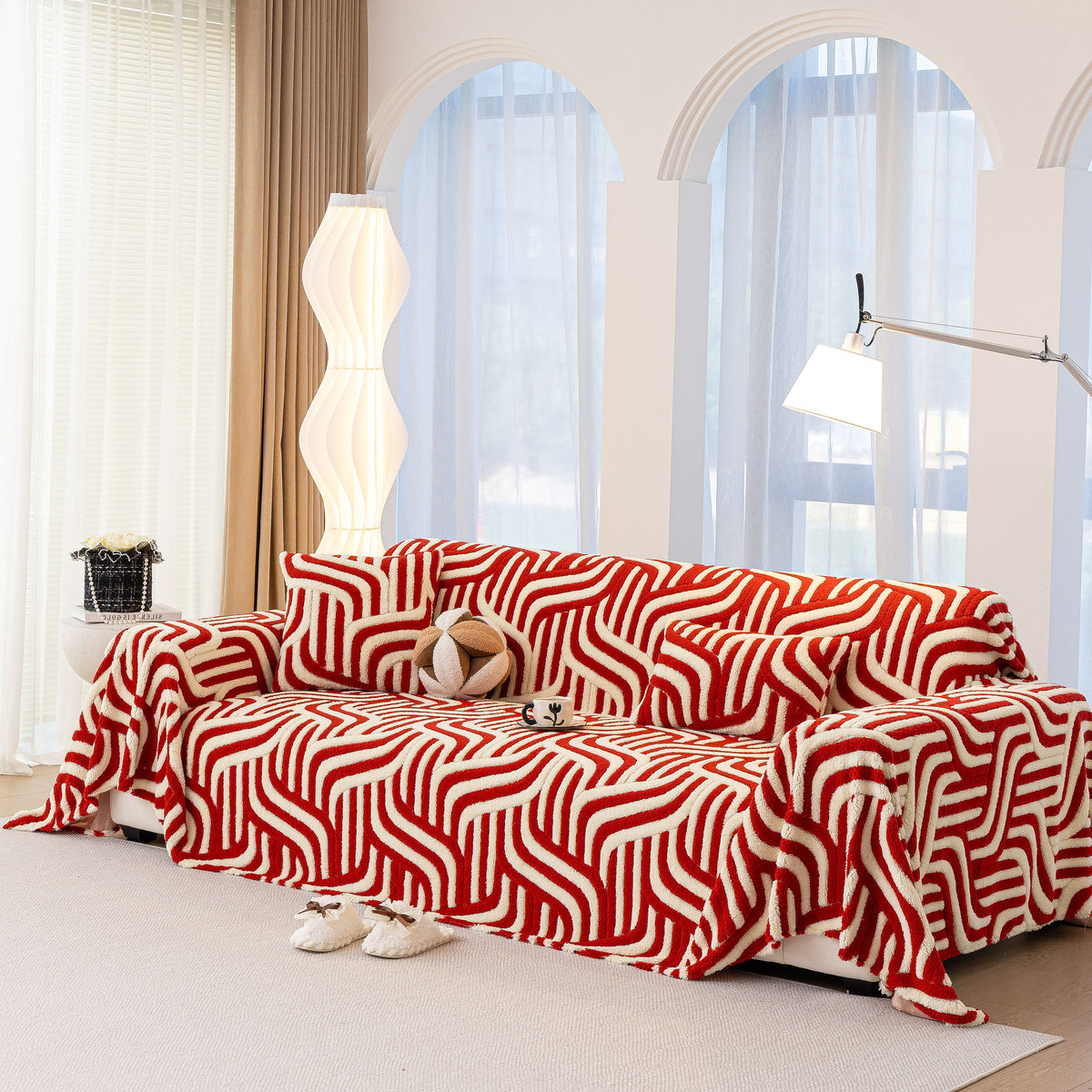 Plush Sherpa Sofa Throw Cover for Sectional, Jacquard Wave Throw Furniture Protector