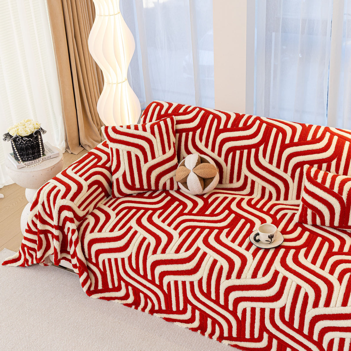 Plush Sherpa Sofa Throw Cover for Sectional, Jacquard Wave Throw Furniture Protector