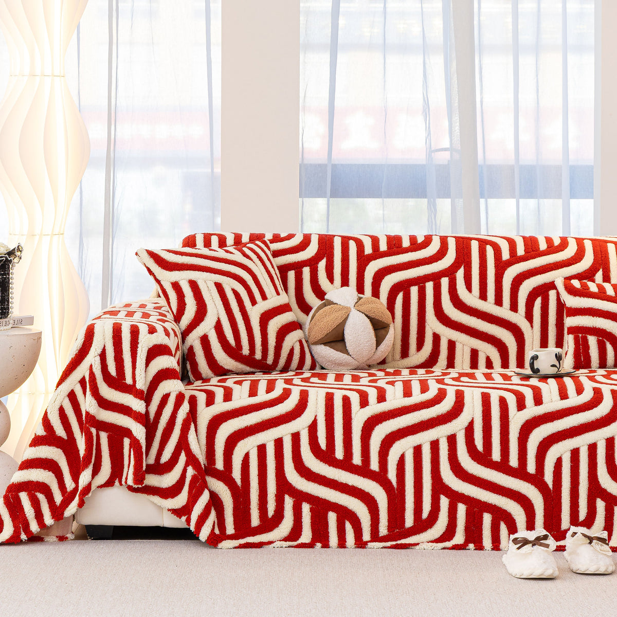 Plush Sherpa Sofa Throw Cover for Sectional, Jacquard Wave Throw Furniture Protector