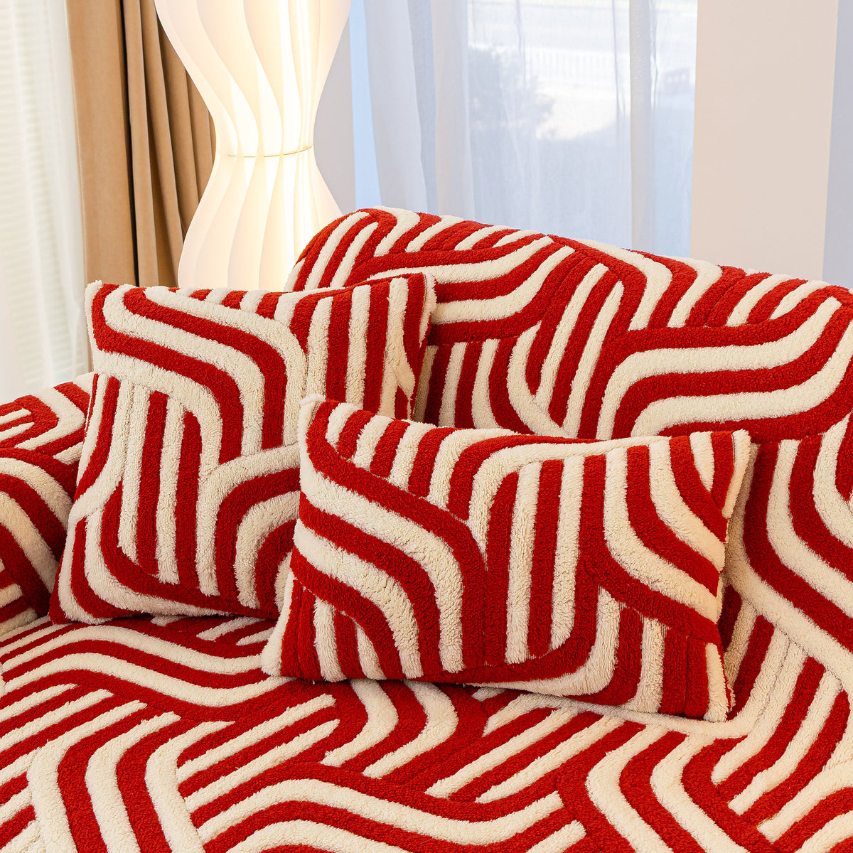 Plush Sherpa Sofa Throw Cover for Sectional, Jacquard Wave Throw Furniture Protector
