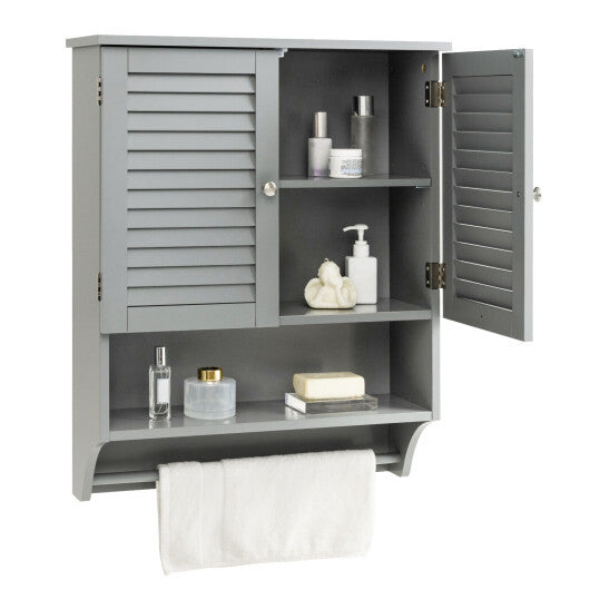 2-Doors Bathroom Wall-Mounted Medicine Cabinet with Towel Bar-White