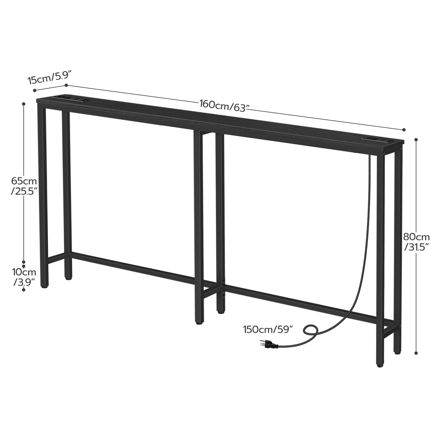 Console Table with Power Outlets, Charging Station - Black