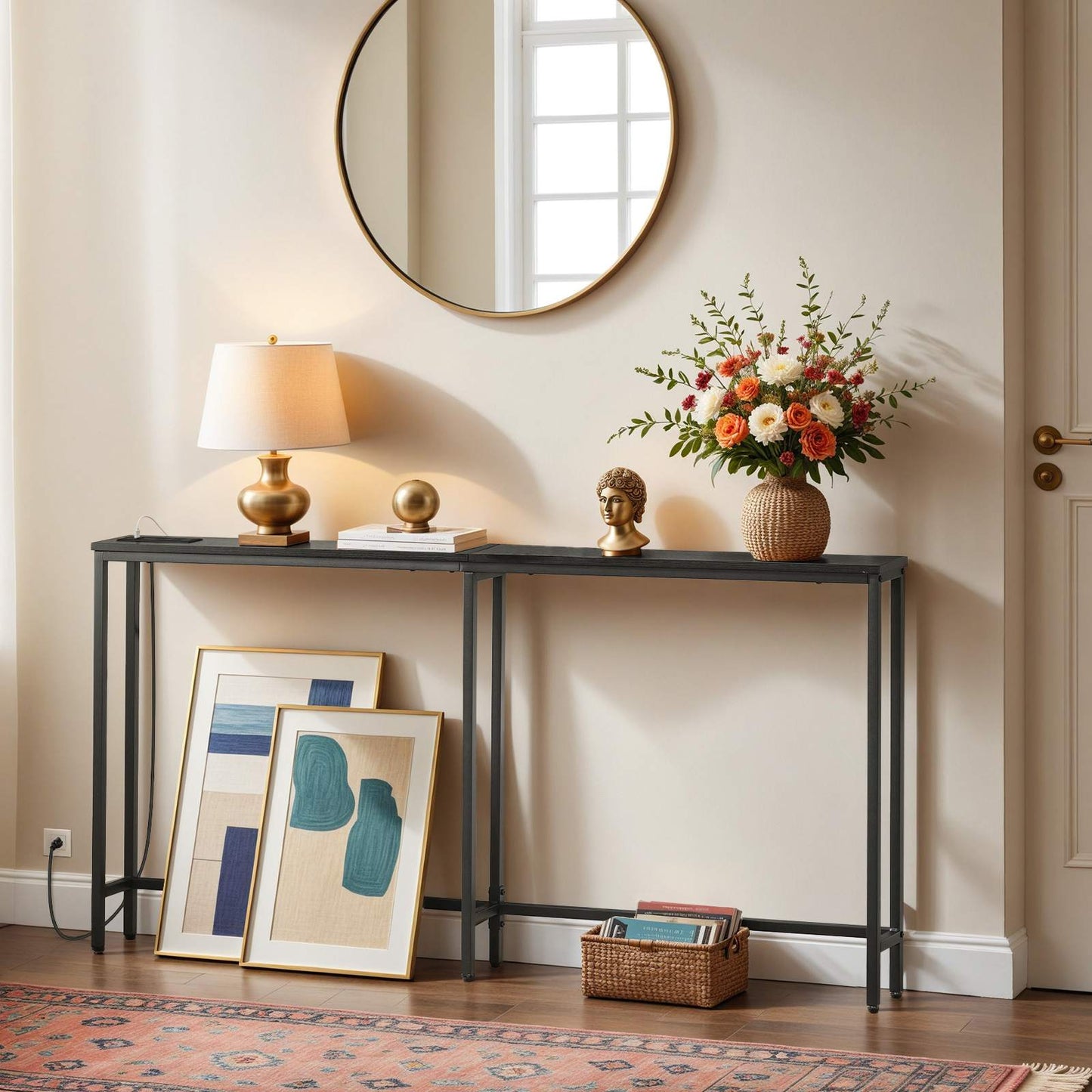 Console Table with Power Outlets, Charging Station - Black