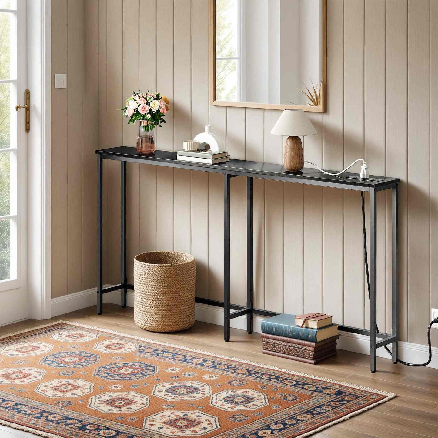 Console Table with Power Outlets, Charging Station - Black